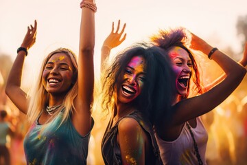festival holi summer celebrating friends multiethnic colourful powder diversity fun holiday celebration dance crowd colours paint india diverse group together people descent - obrazy, fototapety, plakaty