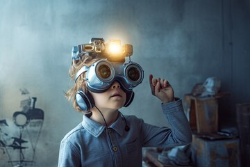 headset reality virtual toy child idea innovation technology success succeed winner leader imagination light bulb science goggles device digital helmet learning student study geek nerd