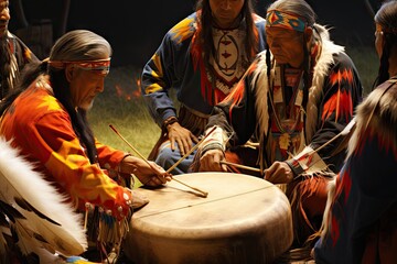 wow pow drum indians indian culture american native festival colourful clothing people regalia gathering tribe design traditional costume feather nation music america powwow - obrazy, fototapety, plakaty