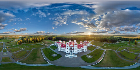 aerial evening seamless spherical hdri 360 panorama overlooking restoration of the historic castle...