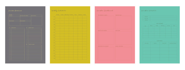 4 set of course overview, weekly schedule, semester dashboard and semester schedule planner. Minimalist planner template set. Vector illustration.	