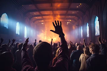 Fotobehang service church god praise who people air hands joy concert pray person worship hand group raise passion concept together prayer cheerful crowd celebrate celebration light sing © sandra