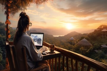 day working sea mountain top sunrise sunset laptop downshifter girl young rock cafe computer woman business journey businesswoman job hill peak freelancer adventure relax concept remote