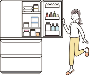 冷蔵庫を開けるアジア人女性のイラスト素材