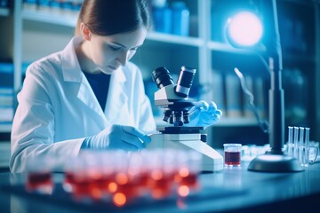 concept development research scientific pharmaceutical medical microscope laboratory tube test sample blood analyzing assistant technician lab virus science scientist service - obrazy, fototapety, plakaty