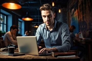 office contemporary laptop working man business casual attire person businessman computer people sitting looking desk male technology caucasian indoor happy portrait creative modern young