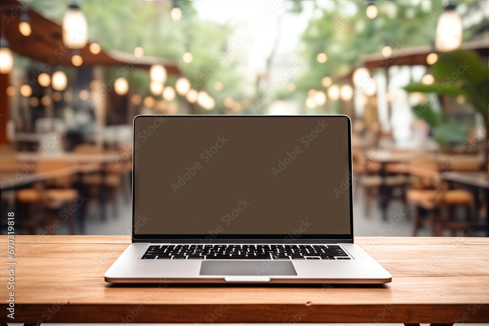 Poster screen device background included paths clipping text your template mockup cafe coffee table wood bl