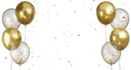 3d render of golden balloons flying with confetti. © KWstudio