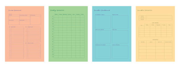 4 set of course overview, weekly schedule, semester dashboard and semester schedule planner. Minimalist planner template set. Vector illustration.	