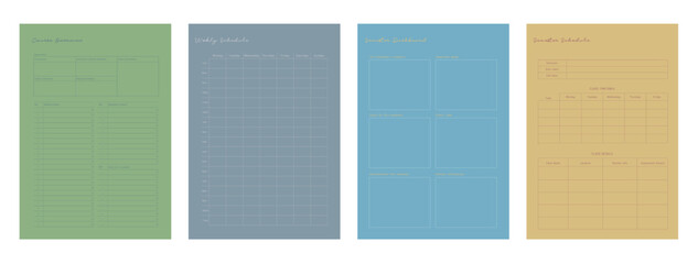 4 set of course overview, weekly schedule, semester dashboard and semester schedule planner. Minimalist planner template set. Vector illustration.	
