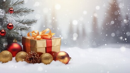 Fototapeta na wymiar Christmas giftbox on snow background under a christmas tree