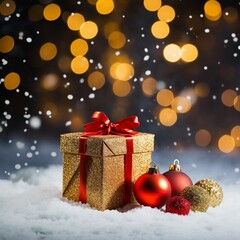 Christmas giftbox on snow background under a christmas tree