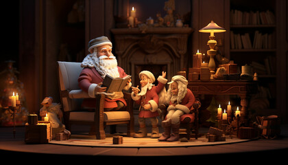 3D models of characters and scenes of fairy house on santa claus with candle light