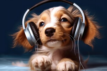 set head music listening puppy young headset earphones tune sound mp3 dog stereo small sitting silly short seated rythm portrait player pet musical - obrazy, fototapety, plakaty