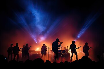 festival rock together singing people group unrecognizable musicians silhouettes stage concert playing band music silhouette light song - obrazy, fototapety, plakaty