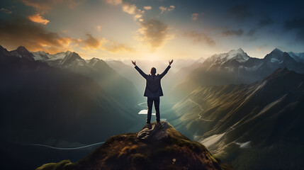 Businessman at mountaintop during sunset. Success, victory, winner, achievement, leadership concept