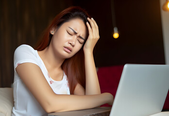 Asian young woman suffering from headache, migraine, dizziness, stress or anxiety.