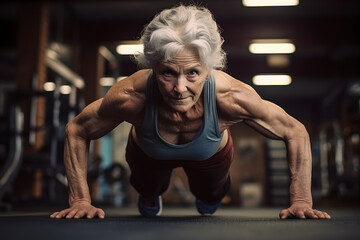 Athletic elderly muscular woman doing pushup exercise in gym