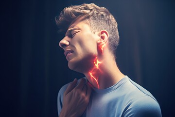 pain headache pain neck suffering man young  neck pain person man male adult health stress hand ache painful injury young sleepy back people head spine caucasian body medicine muscle office - obrazy, fototapety, plakaty