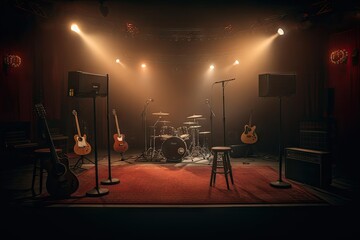 concert music live unplugged small stage empty night light dark old room artistic song studio rythm audio beat set drum black bass metal show acoustic classical performer background - obrazy, fototapety, plakaty