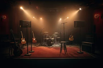 Foto op Aluminium concert music live unplugged small stage empty night light dark old room artistic song studio rythm audio beat set drum black bass metal show acoustic classical performer background © akkash jpg