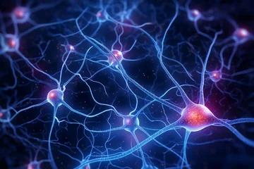 Foto op Aluminium 3d rendering neuron cells glowing human brain nerve cell mobile phone biology network science medicals micro mind brainstorm health © sandra