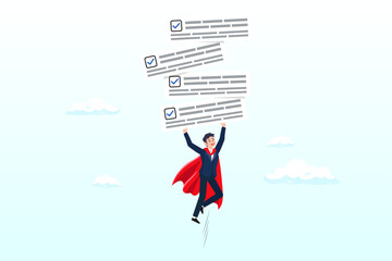 Businessman superhero flying with completed task boards, task management, task list to finish, productivity to complete work within deadline, efficiency to organize project checklist (Vector)