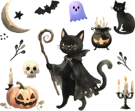 ハロウィンモチーフのセット、黒猫の魔法使い水彩イラスト