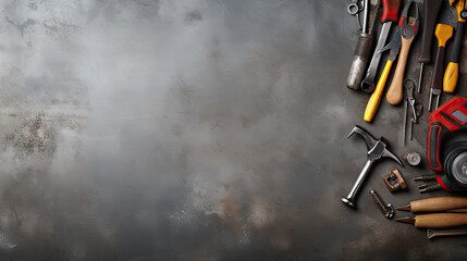 Obraz premium Top view of construction tools on blackboard background with copy space