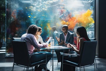 space office modern colorful lobby meeting Business networking businesswoman businessman professional teamwork handshake development conversation collaboration collaborate brainstorming brainstorm - Powered by Adobe