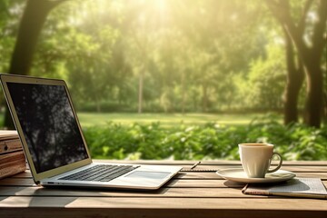 office outdoor coffee laptop work nature outside green business chart finance book desk table summer background cyberspace sun notebook hot drink cup technology computer desktop natural - obrazy, fototapety, plakaty
