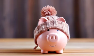 Fotobehang A pink piggy bank money box wrapped up warm with a scarf. Winter heating bills concept © ink drop