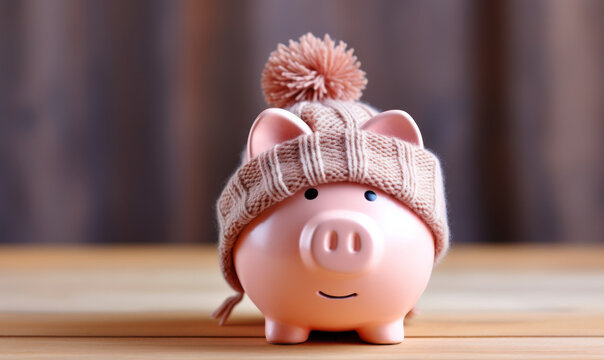 A pink piggy bank money box wrapped up warm with a scarf. Winter heating bills concept