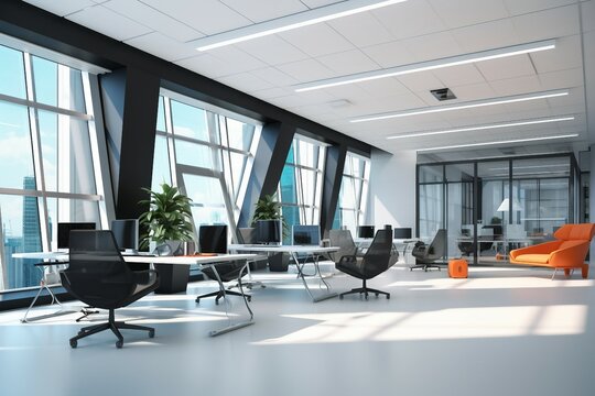 interior office modern design business empty room space nobody window white work light chair furniture desk wall architecture background three-dimensional workplace glasses table computer corporate