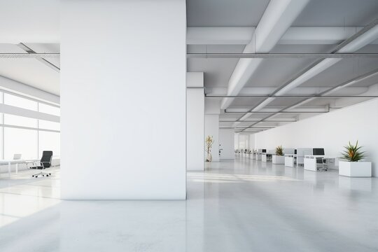 wall mock interior office space open White modern design light furniture corporate business floor empty room building indoor chair window table workplace desk work clean bright architecture hall