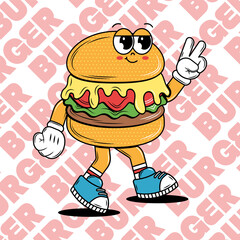 Poster with funky cartoon Characters Burgers in groovy style. Retro card for delivery service. Vintage hippie design and slogan for burger bar, restaurant, social media, posts. Vector art