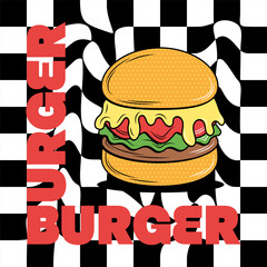 Poster with funky cartoon Characters Burgers in groovy style. Retro card for delivery service. Vintage hippie design and slogan for burger bar, restaurant, social media, posts. Vector art