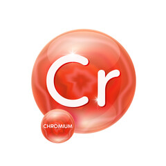Chromium minerals vitamins essential supplement to the health body. Mineral crystals red stone on white background for nutrition design products food and drug. Scientific medical concept. 3D Vector.