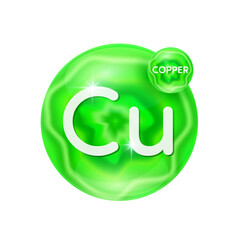 Copper minerals vitamins essential supplement to the health body. Mineral crystals green stone on white background for nutrition design products food and drug. Scientific medical concept. 3D Vector.