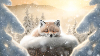 a cute fox cub sleeps in the wild against the background of winter, snow is falling, the incredible beauty of winter wildlife