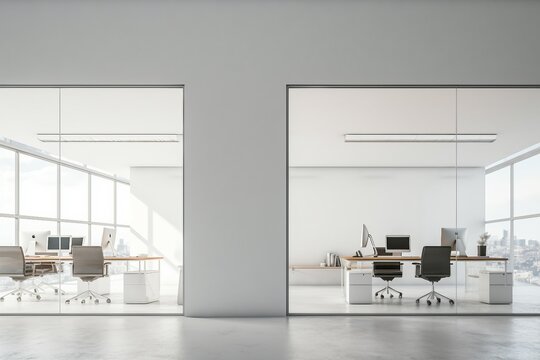 Wall Mock Interior Office White Open Space Design City View Empty Computer Modern Desk Loft Chair Render Three-dimensional Table Background Business Furniture Room Corporate Work Glasses Nobody