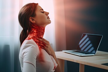 concept medical healthcare area pain highlights red injury pain shoulder neck women young  pain work woman neck back office posture asian working ache young bad chair businesswoman people - obrazy, fototapety, plakaty