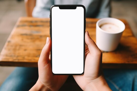 cafe sitting while screen white blank phone mobile black holding woman image mockup view top hand up high adult background business cafes chatting close closeup communication copy desk