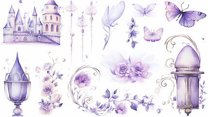 set collection of purple delicate accessories of a fairy princess watercolor drawing isolated on a white background  soft lavender color