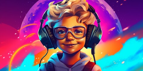 child smiling with headphones on an abstract background; kid in cyberspace concept; colorful illustration of a gamer streamer boy listening to music with a space background