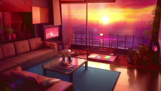 luxury living room, animated virtual backgrounds, stream overlay loop, sofa cozy interior golden hour sunset, vtuber asset twitch zoom OBS screen, anime chill atmospheric, Looping Video Animated.