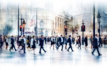 Obraz premium road crossing people view panoramic wide london city walking people lots blur people walking people business businessman city london man person walk street lot businesswoman crowd