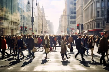 Foto op Plexiglas street city busy walking people anonymous crowd life modern group day motion urban walk abstract sidewalk person tied-up blurred shopping scene background caucasian young action outdoors © sandra