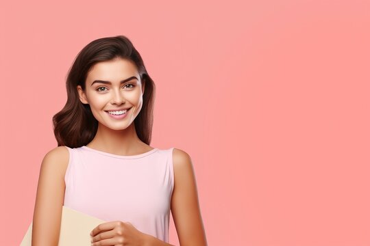 background pink isolated school ready advertisement your space free shows corner right upper poins hair straight dark smile shining woman caucasian positive shot studio   read intelligent