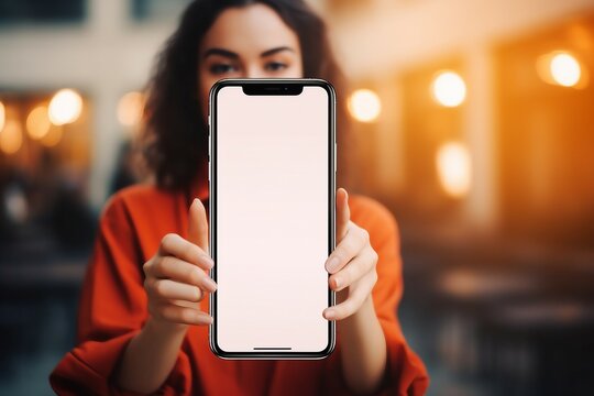 screen white blank phone mobile finger pointing woman beautiful image mockup smartphone technology showing adult asian background blurred business cellular communication device digital